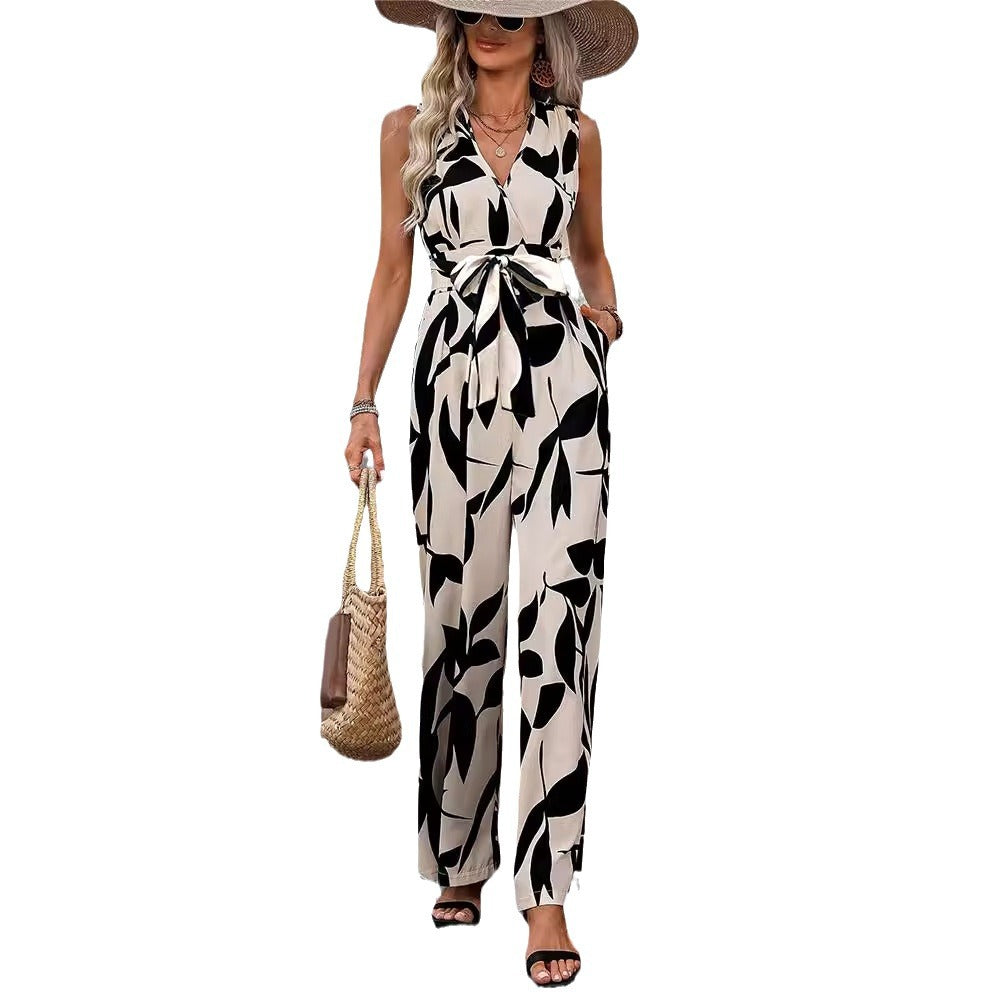 Fashionable High Waist Lace-up Wide Leg Jumpsuit For Women