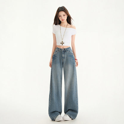 Retro High Waist Stud Design Jeans