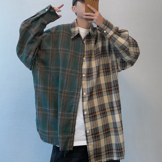 Yellow And Green Plaid Rough Edge Asymmetric Stitching Long-sleeved Shirt