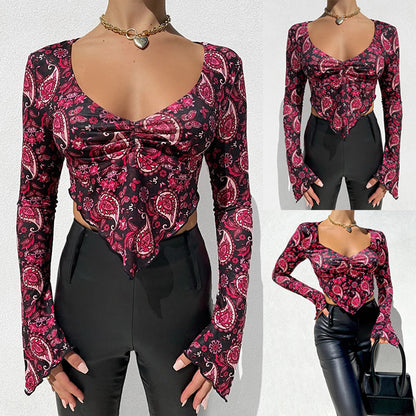 Printed V-Neck Long-Sleeved Navel Sexy Casual T-Shirt