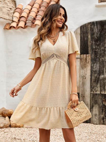 Women's Fashion V-neck Solid Color Ruffle Sleeve Dress