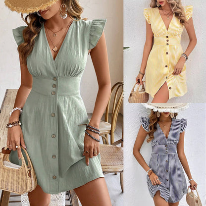 Summer V-neck Single-breasted Fly-sleeve Women's Shirt Dresses With Elegant Splicing Stripe Printing Beach Style Dress