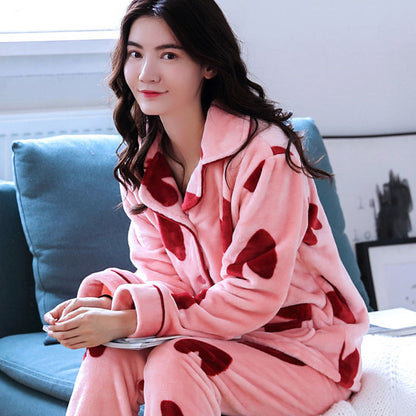 Thickened Flannel Pajamas Ladies Long Sleeve Warm Homewear Set