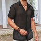 Fashion Solid Color Polo Collar Short Sleeve Mesh Shirt Tops Men Clothing