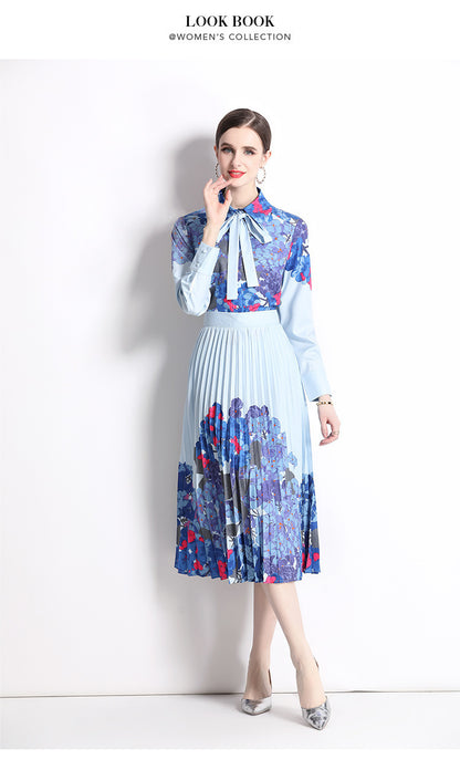 Bow Lace Printing Shirt Fashion Pleated Skirt Suit