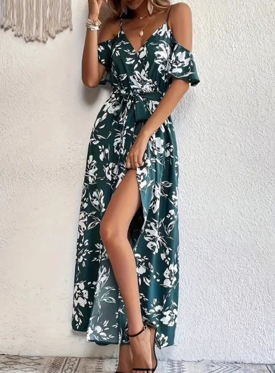 Flower Print Split Suspender Dress With Lace-up Design Summer Fashion Long Dresses Beach Clothing For Women