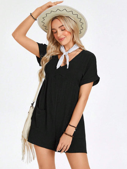 Batwing Sleeve Pocket Patched Romper