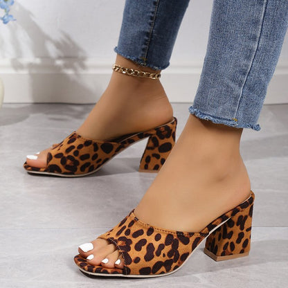 Leopard Square Toe Sandals Summer High-heeled Slippers Chunky Heel Shoes For Women