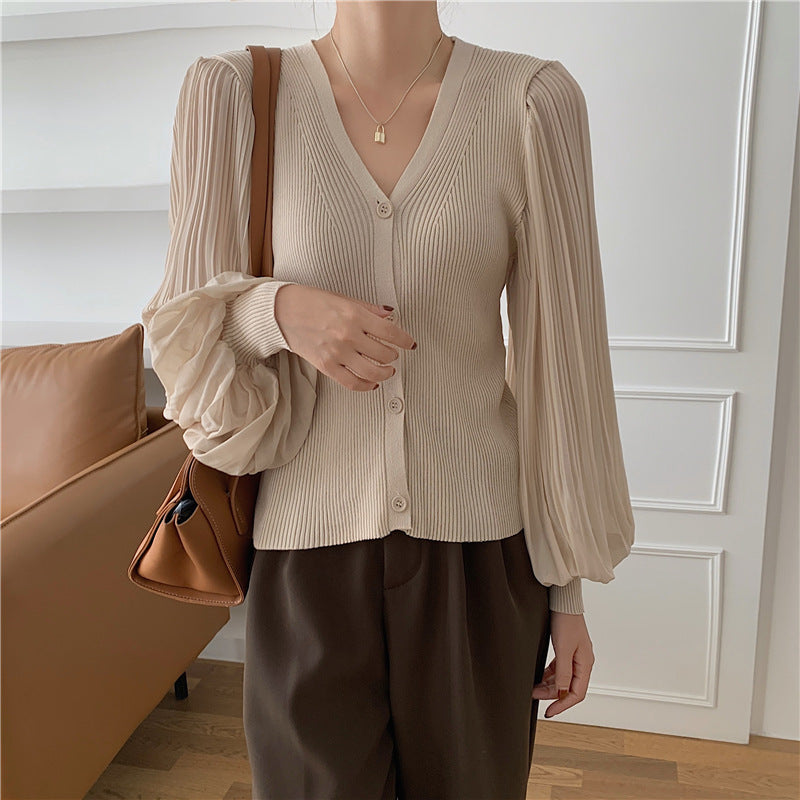 Retro V-neck Breasted Chiffon Patchwork Puff Sleeve