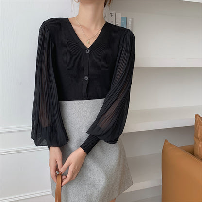 Retro V-neck Breasted Chiffon Patchwork Puff Sleeve