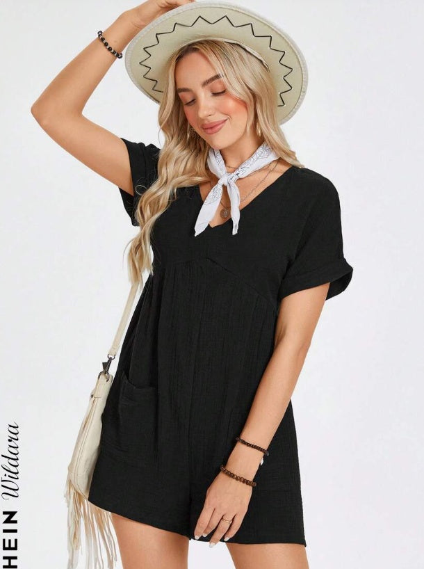 Batwing Sleeve Pocket Patched Romper