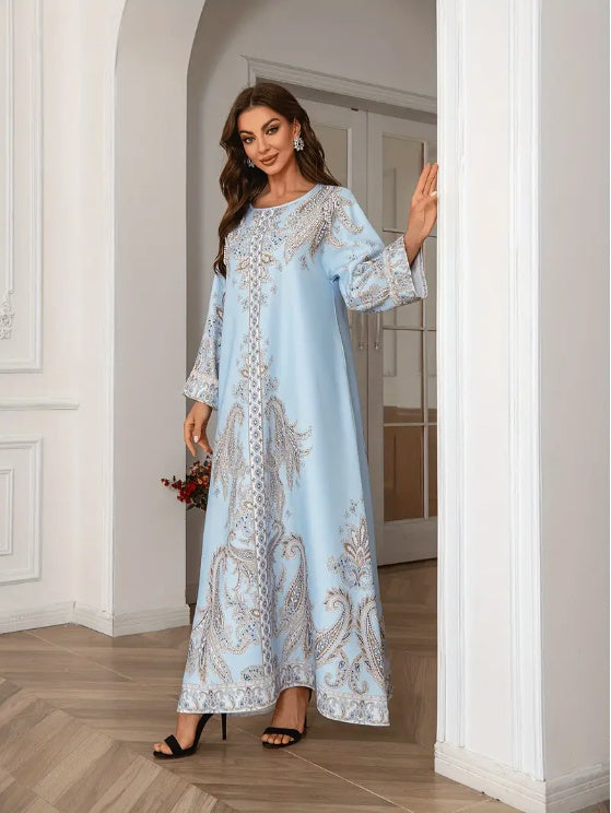 Elegant Floral Print Long Sleeve Abaya Dress