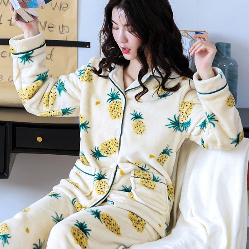 Thickened Flannel Pajamas Ladies Long Sleeve Warm Homewear Set