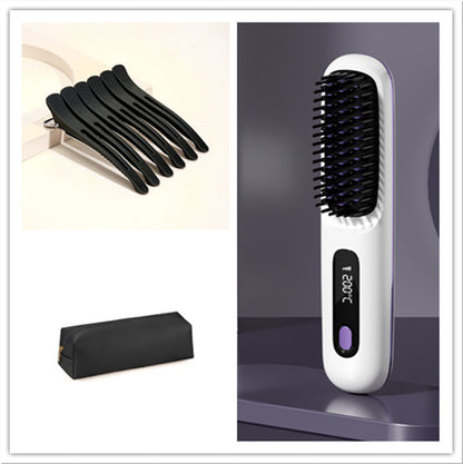 2 In 1 Straight Hair Comb Wireless Hair Straightener Brush Hair Fast Heating Portable Hot Curler USB Charging