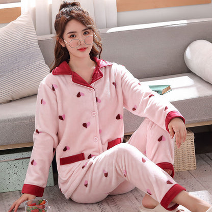 Thickened Flannel Pajamas Ladies Long Sleeve Warm Homewear Set